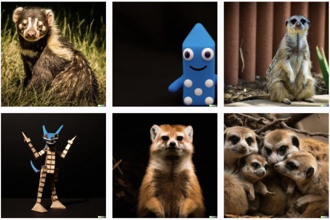Six results for a DALL-E prompt to draw itself. Clockwise from top-left: A honeybadger in a grass field, a pencil shaped clay character with a smiley face and domino pips on his stomach in front of a black background, a meerkat standing on a sidewalk, a wooden block figure with catlike features, a meerkat standing in front of a black background, a family of meerkats huddled among wooden branches.