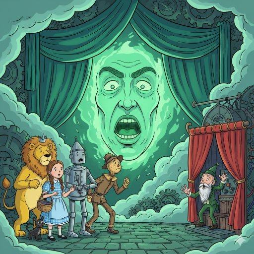 Scene from Wizard of Oz when Dorothy and friends meet the giant green face being controlled by the Wizard from behind a curtain.