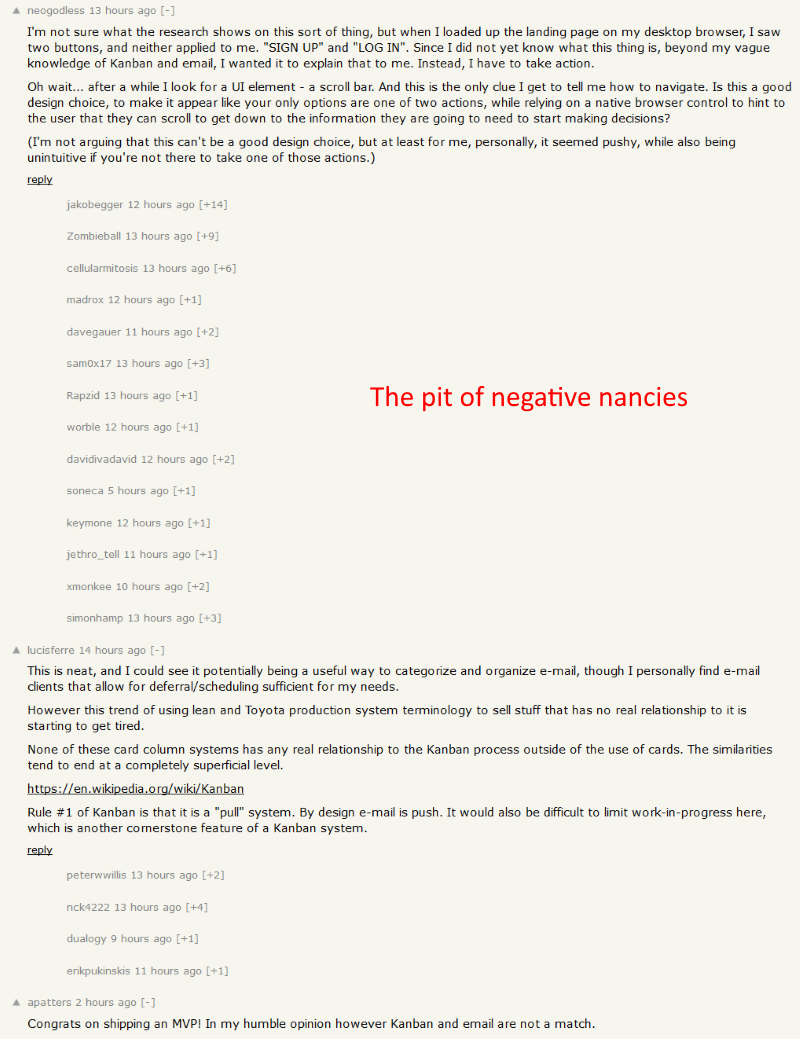 A toxic first comment with all its replies pruned takes up little screen space, revealing a lot more direct replies congratulating the developer