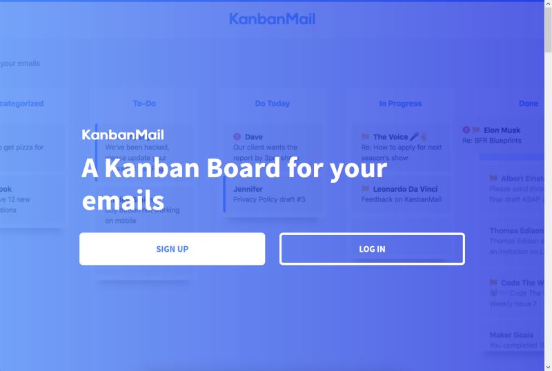 Landing page for KanbanMail containing a full page image with two options to Sign Up or Log In and a scrollbar indicating there is content further down the page